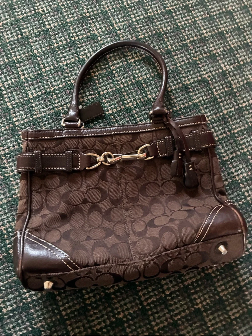 Coach Dark Brown Signature Canvas Satchel with Leather Trim